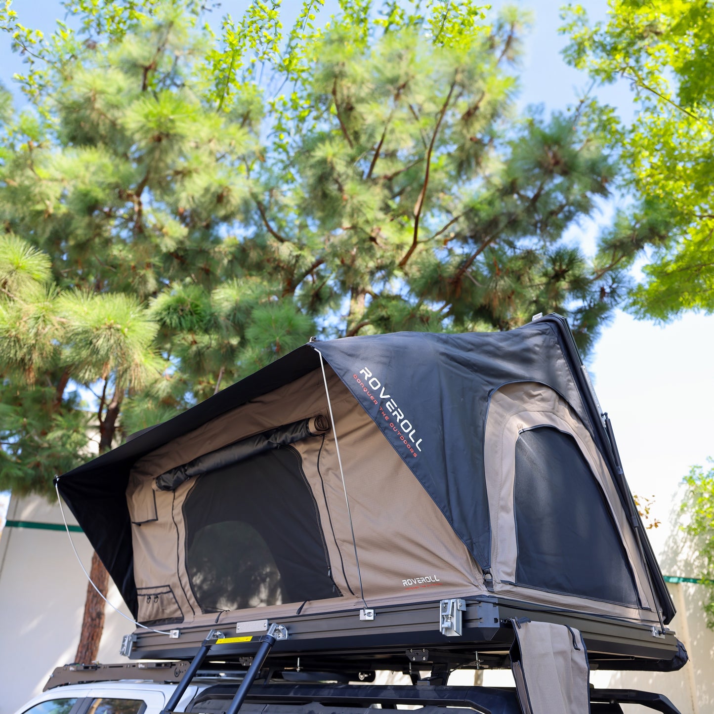 Roveroll Aluminum Side Opening Roof Top Tent-Taupe Body & Black Rain Fly