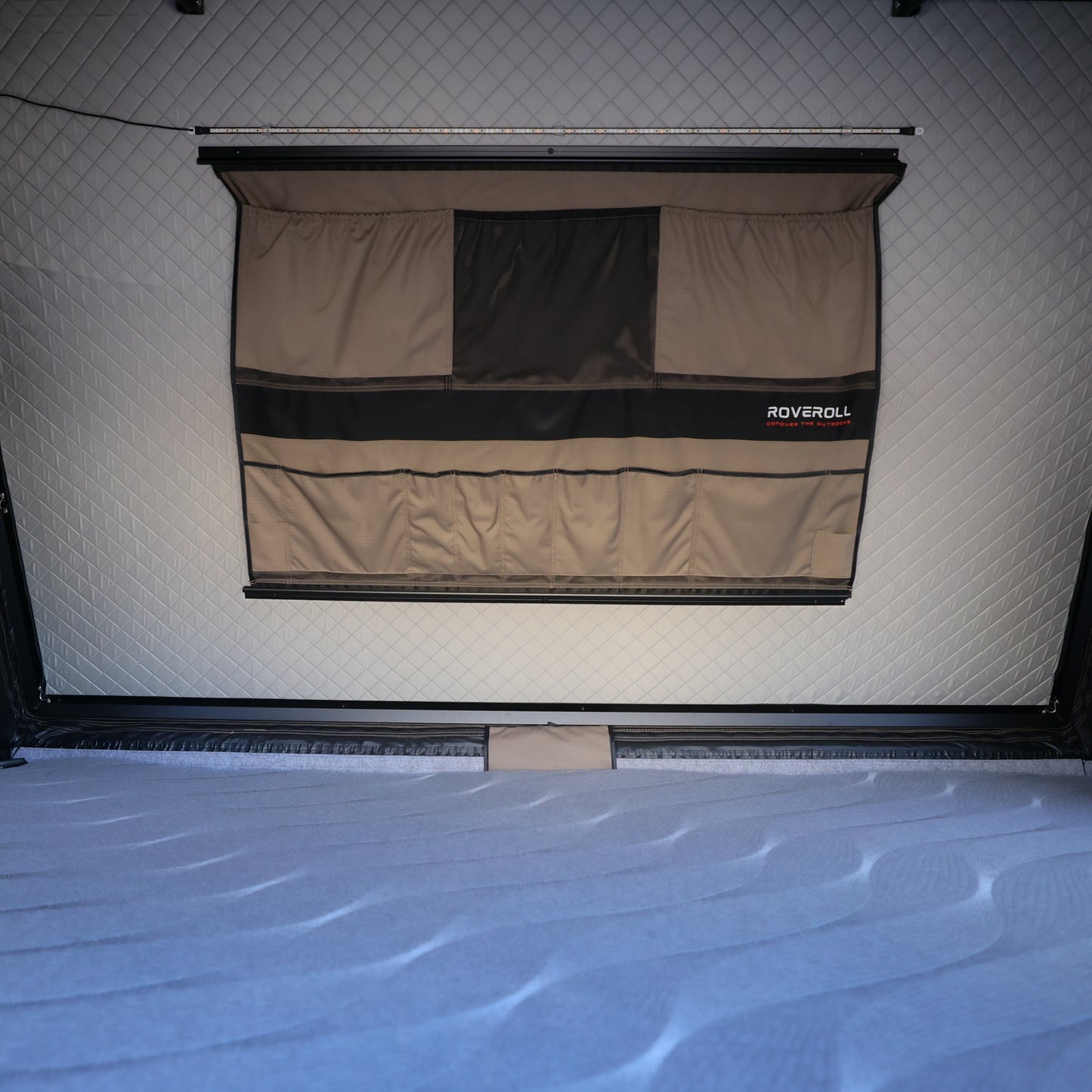 Roveroll Aluminum Side Opening Roof Top Tent-Taupe Body & Black Rain Fly