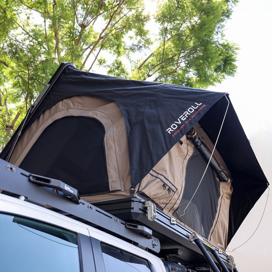 Roveroll Aluminum Side Opening Roof Top Tent-Taupe Body & Black Rain Fly